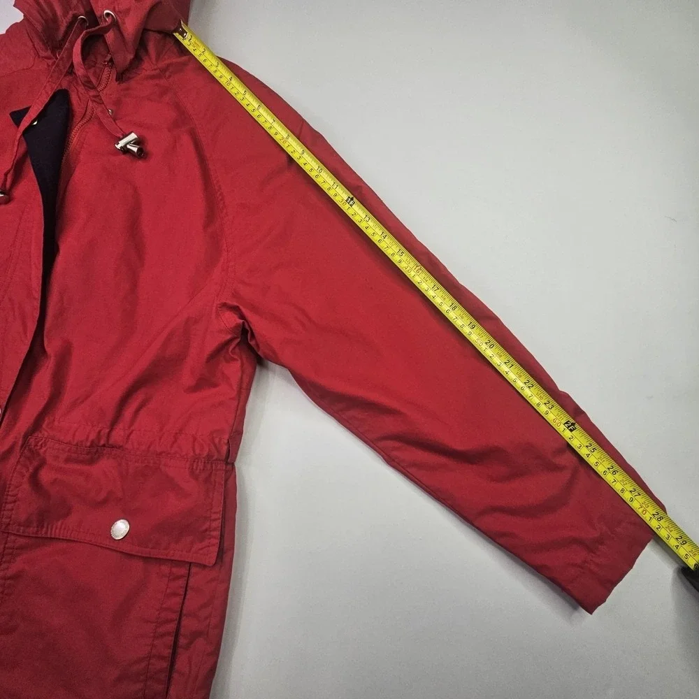 London Fog Hooded Parka Jacket Medium Red Full Zip Button Front Outdoor